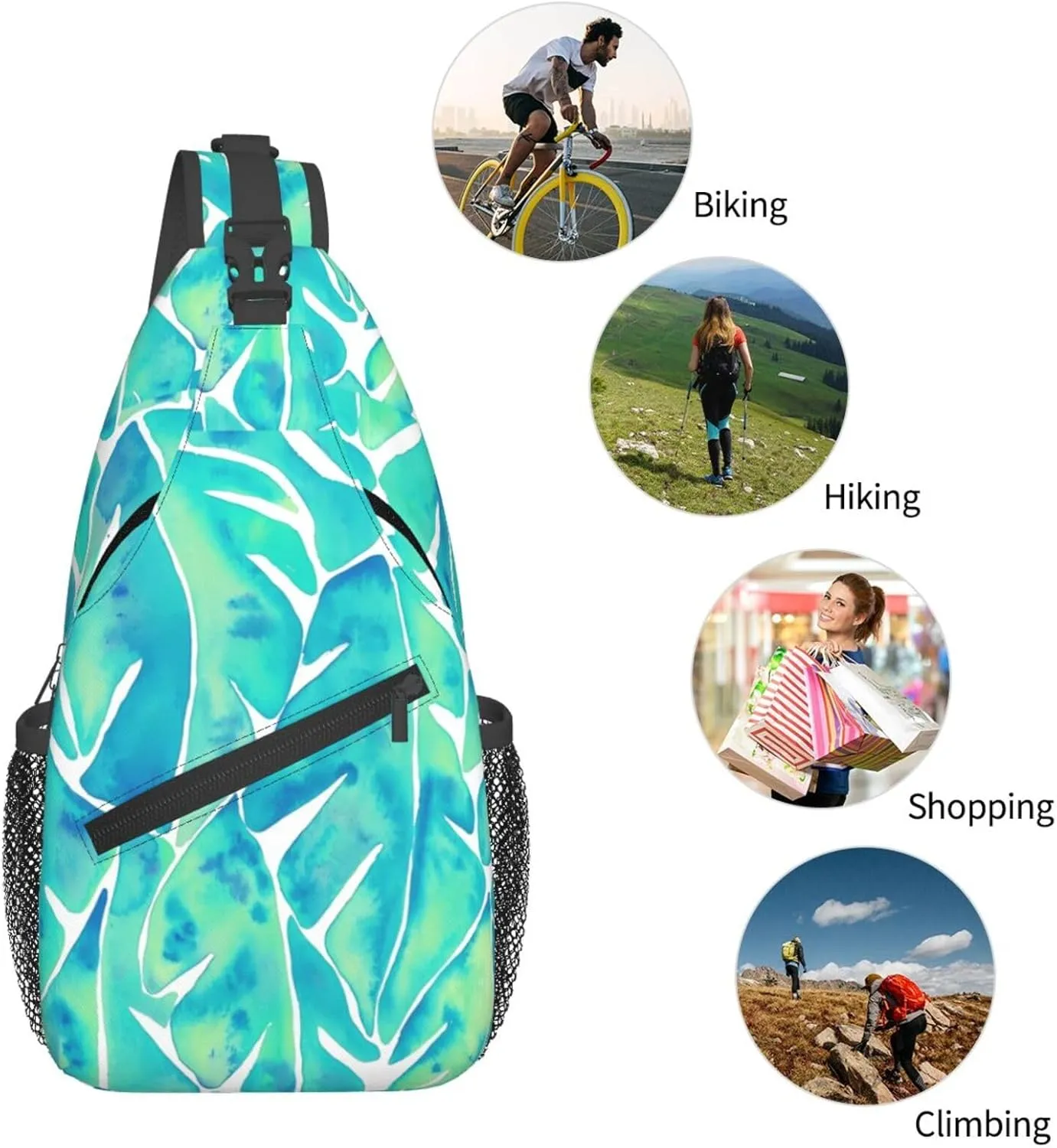 Split Leaf Philodendron – Turquoise Chest Sling Bag Crossbody Shoulder Backpack Bag Gym Cycling Travel Hiking Daypack Cross Bag