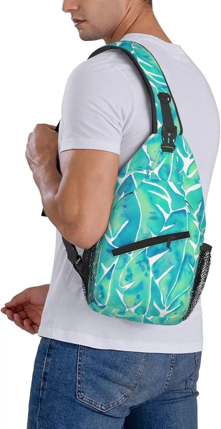 Split Leaf Philodendron – Turquoise Chest Sling Bag Crossbody Shoulder Backpack Bag Gym Cycling Travel Hiking Daypack Cross Bag