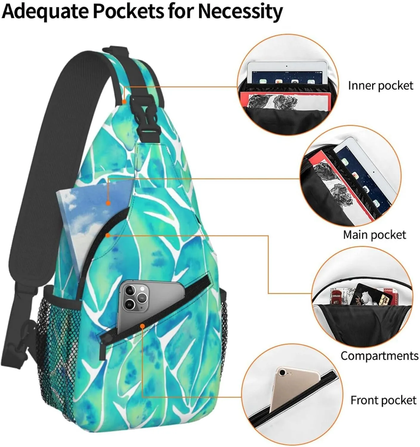 Split Leaf Philodendron – Turquoise Chest Sling Bag Crossbody Shoulder Backpack Bag Gym Cycling Travel Hiking Daypack Cross Bag