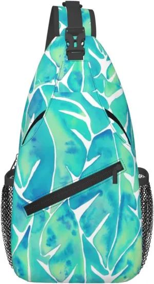 Split Leaf Philodendron – Turquoise Chest Sling Bag Crossbody Shoulder Backpack Bag Gym Cycling Travel Hiking Daypack Cross Bag
