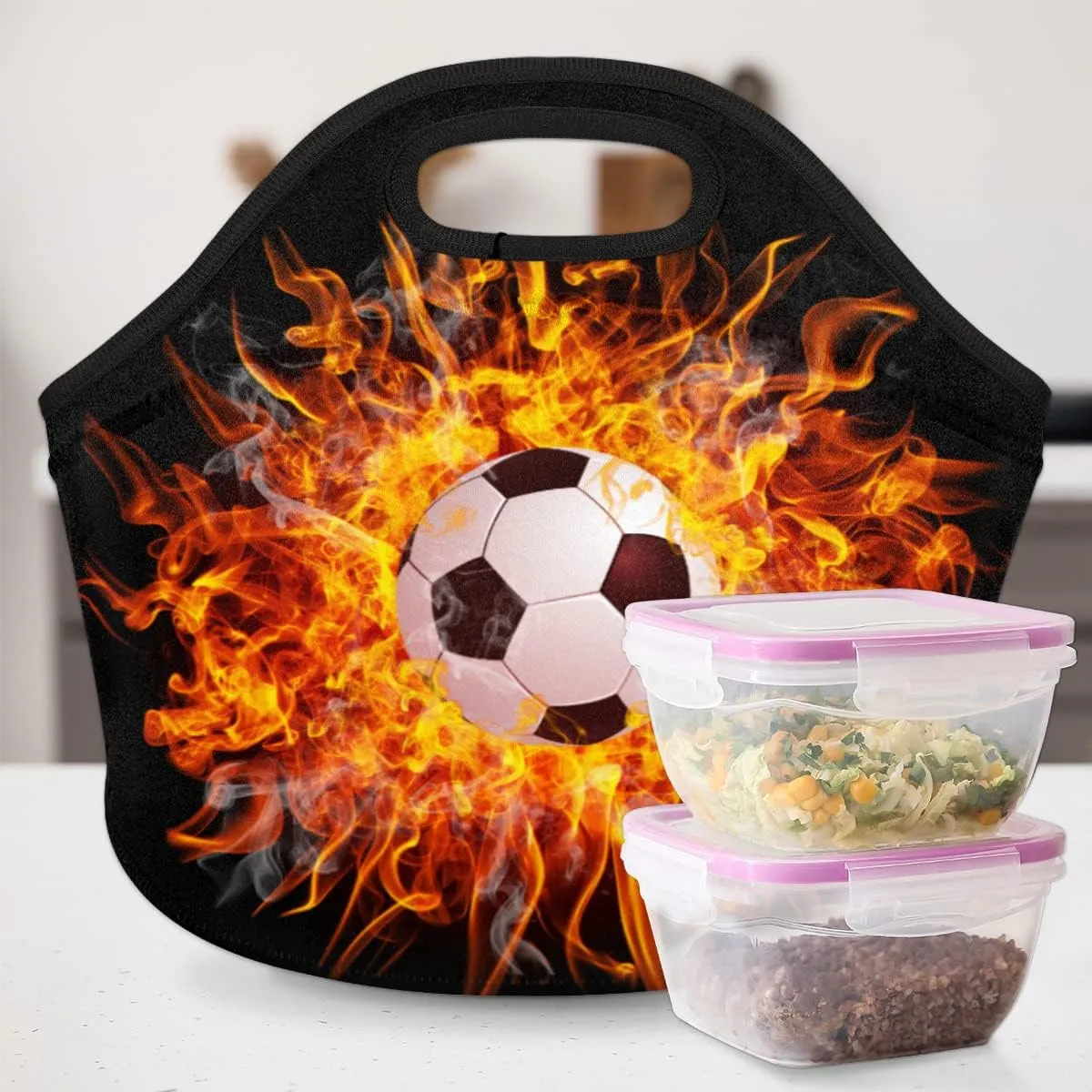 Sport Fire Football Neoprene Lunch Bags Small Insulated Lunch Box for Girls Boy Lightweight Soft Lunch Tote Handbag for Women Men School Work Office Mini Cooler Thermal Meal Prep Bags