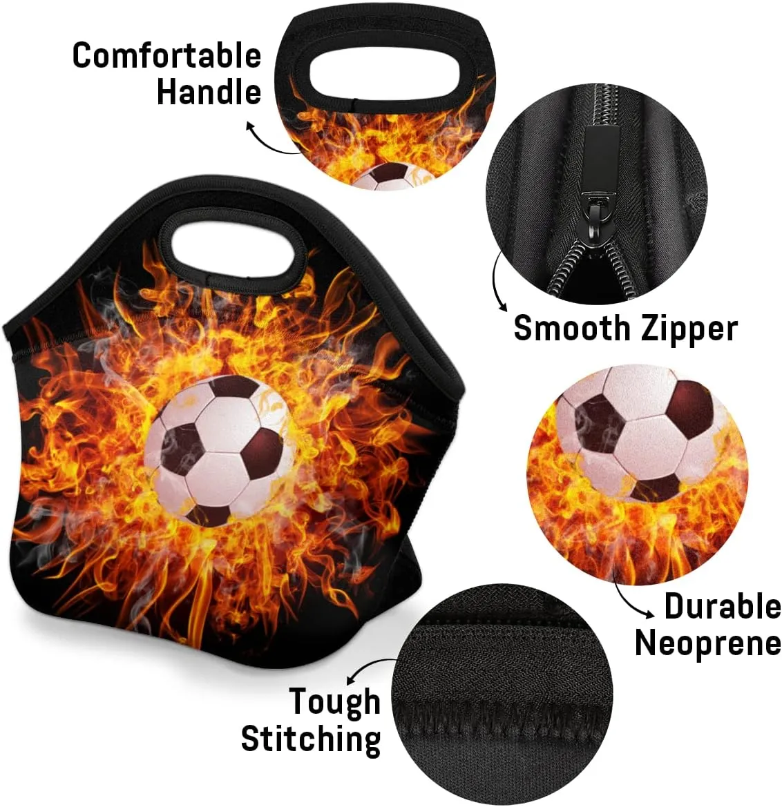 Sport Fire Football Neoprene Lunch Bags Small Insulated Lunch Box for Girls Boy Lightweight Soft Lunch Tote Handbag for Women Men School Work Office Mini Cooler Thermal Meal Prep Bags