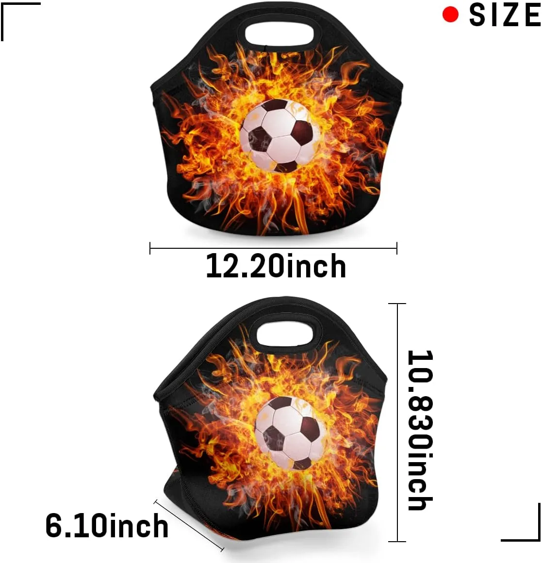 Sport Fire Football Neoprene Lunch Bags Small Insulated Lunch Box for Girls Boy Lightweight Soft Lunch Tote Handbag for Women Men School Work Office Mini Cooler Thermal Meal Prep Bags