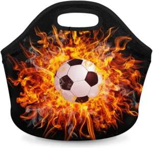 Sport Fire Football Neoprene Lunch Bags Small Insulated Lunch Box for Girls Boy Lightweight Soft Lunch Tote Handbag for Women Men School Work Office Mini Cooler Thermal Meal Prep Bags