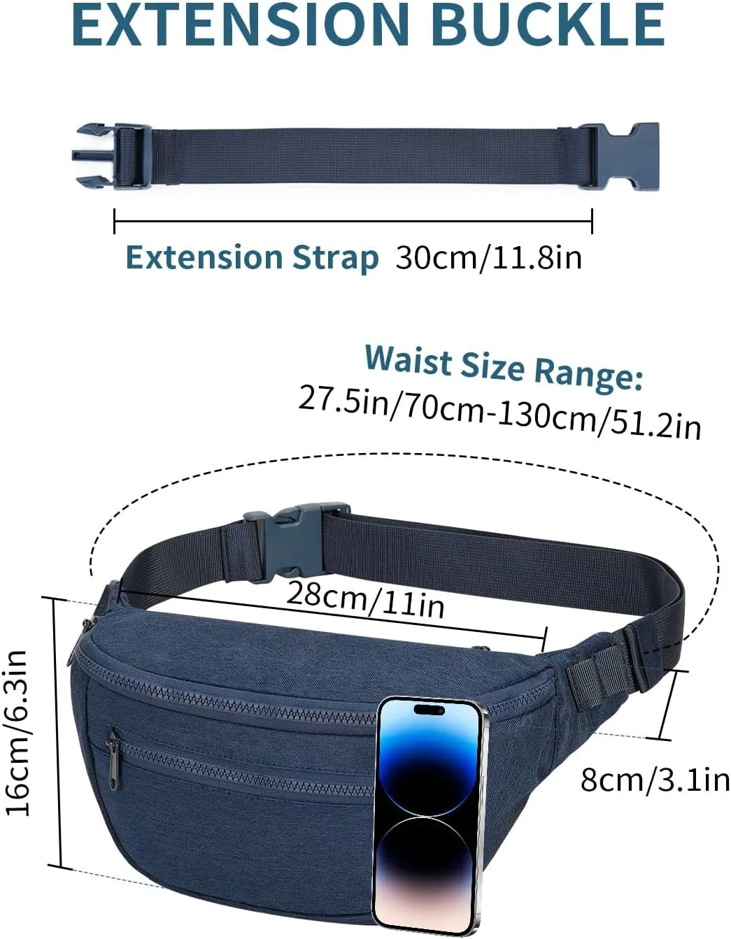 sportsnew Large Fanny Packs for Women, Waist Pack Fashion Crossbody Belt Bags for Walking Running Hiking Travel Bag Navy Blue patent pending