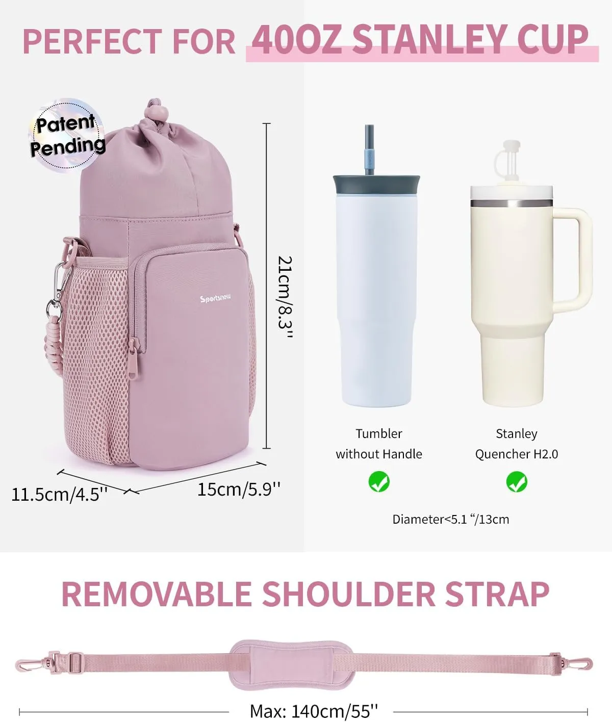sportsnew Water Bottle Bag Holder Fit for 30/40oz Stanley Brumate era Simple Modern and 32/40/64 oz Without Handle Bottle