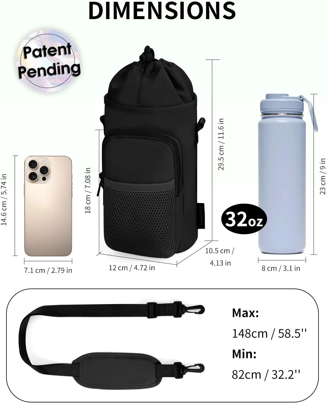 sportsnew Water Bottle Holder with Strap, 32 OZ Water Bottle Carrier Sling Bag with Adjustable Shoulder Strap Insulated Water-Resistant Water Bottle Bag for Walking Hiking, Patent Pending