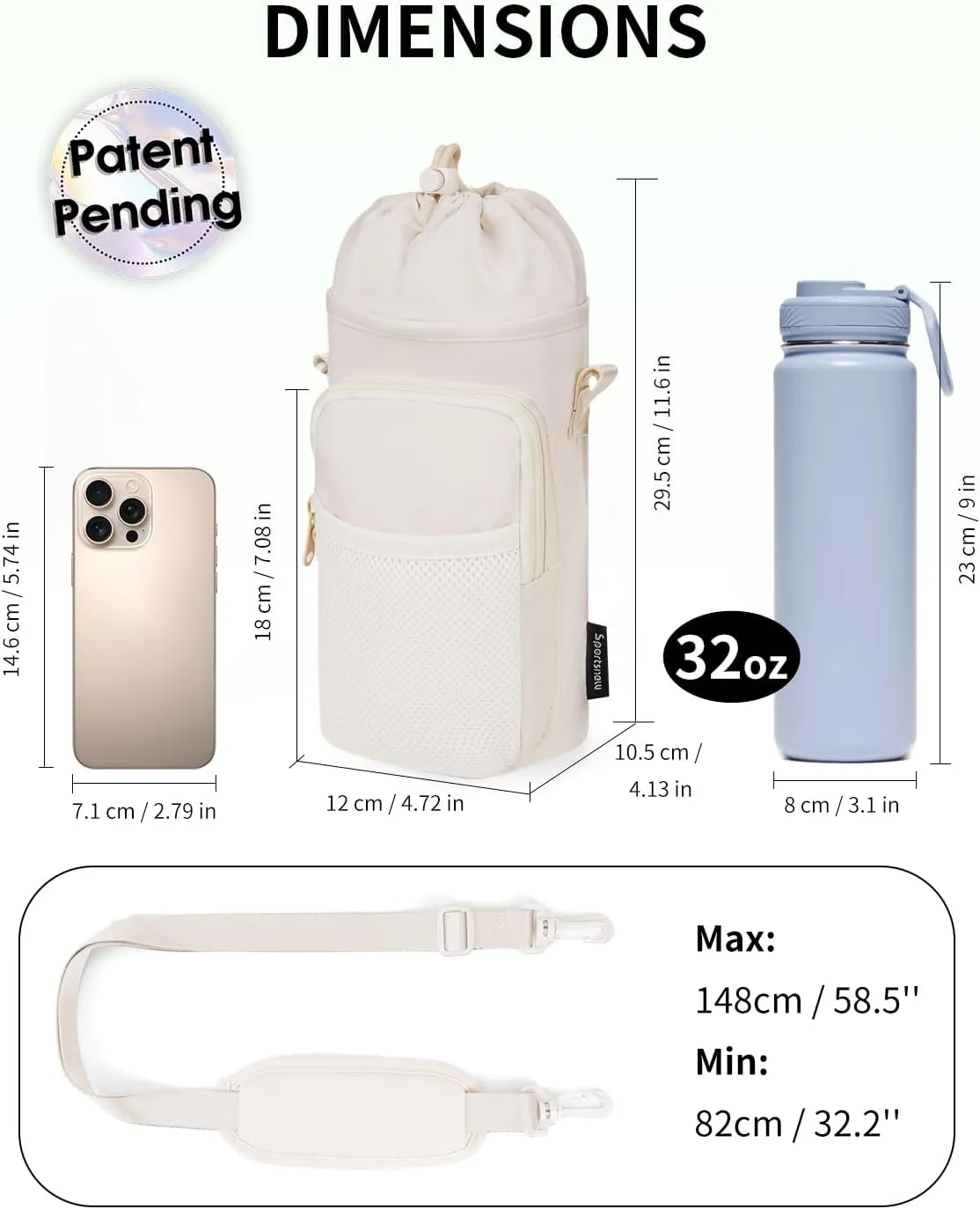 sportsnew Water Bottle Holder with Strap, 32 OZ Water Bottle Carrier Sling Bag with Adjustable Shoulder Strap Insulated Water-Resistant Water Bottle Bag for Walking Hiking, Patent Pending