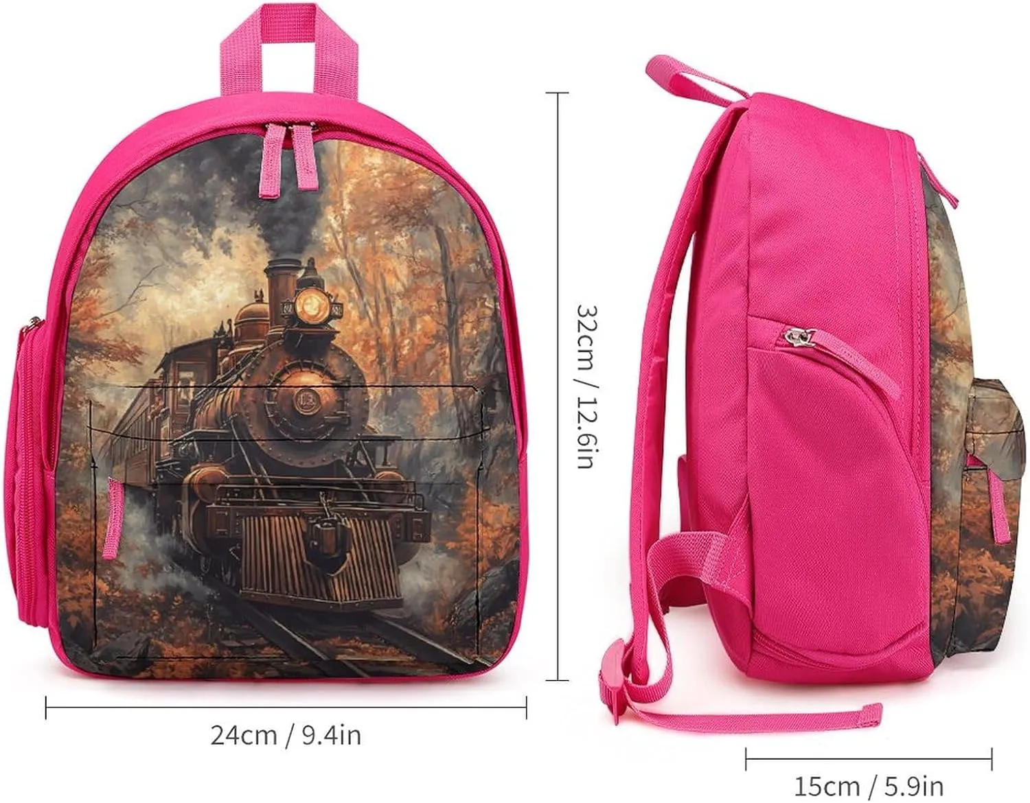 Steam Train in The Autumn Forests Simple Backpack Lightweight Cute Printing Shoulder Bag Family Travel Pink-style