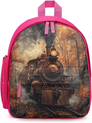 Steam Train in The Autumn Forests Simple Backpack Lightweight Cute Printing Shoulder Bag Family Travel Pink-style