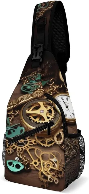 Steampunk Watches Keys And Chains Sling Bag Sport Backpack Hiking Daypack Casual Chest Packs Crossbody Bag for Men Women