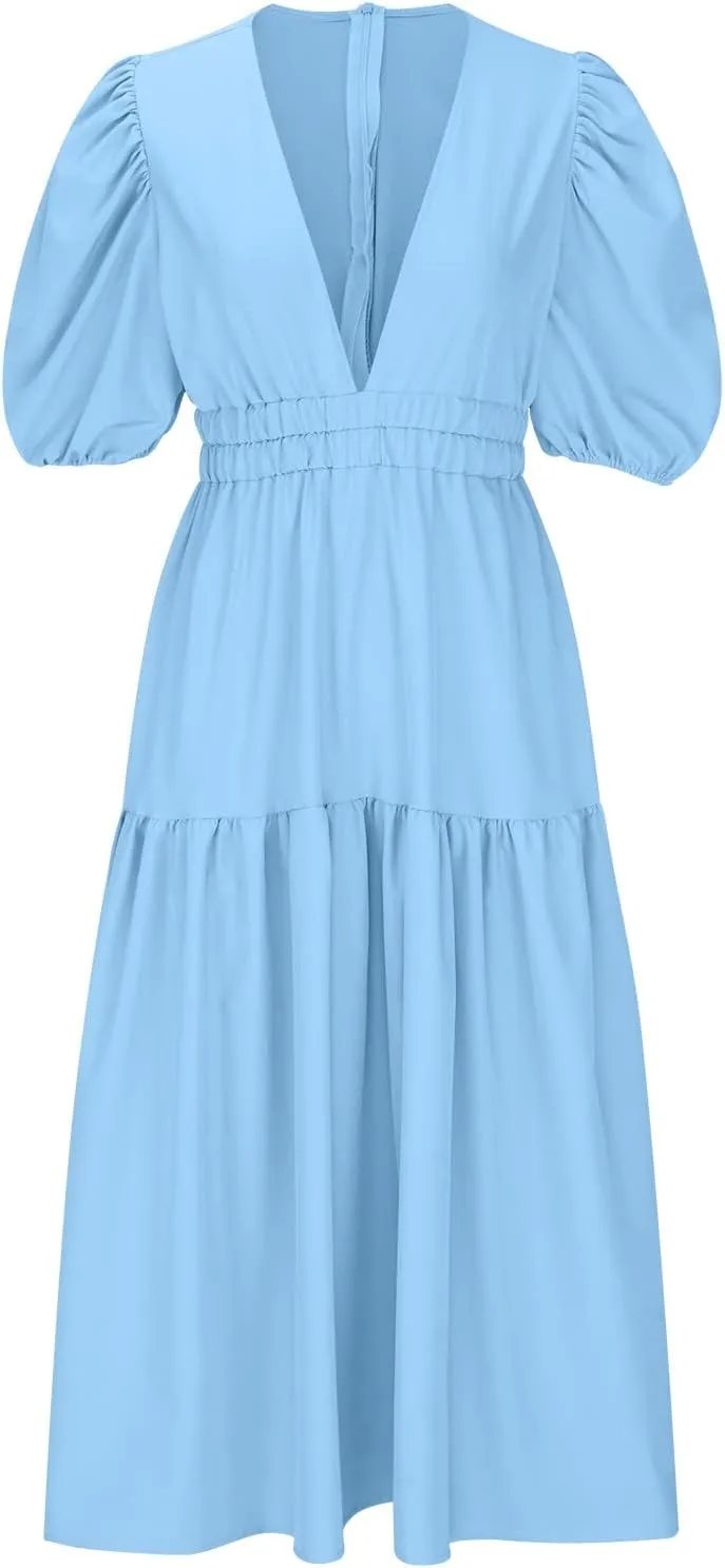 Summer Dresses for Women 2024 Sexy Deep V Neck Maxi Dress Casual Short Sleeve Plus Size Sun Dress Summer Vacation Dress