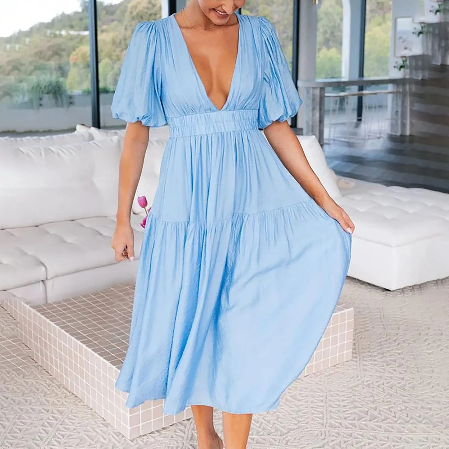 Summer Dresses for Women 2024 Sexy Deep V Neck Maxi Dress Casual Short Sleeve Plus Size Sun Dress Summer Vacation Dress