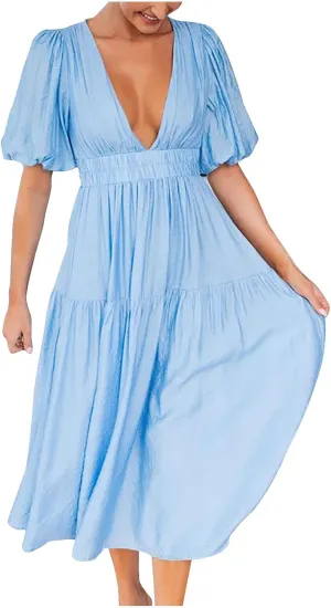 Summer Dresses for Women 2024 Sexy Deep V Neck Maxi Dress Casual Short Sleeve Plus Size Sun Dress Summer Vacation Dress