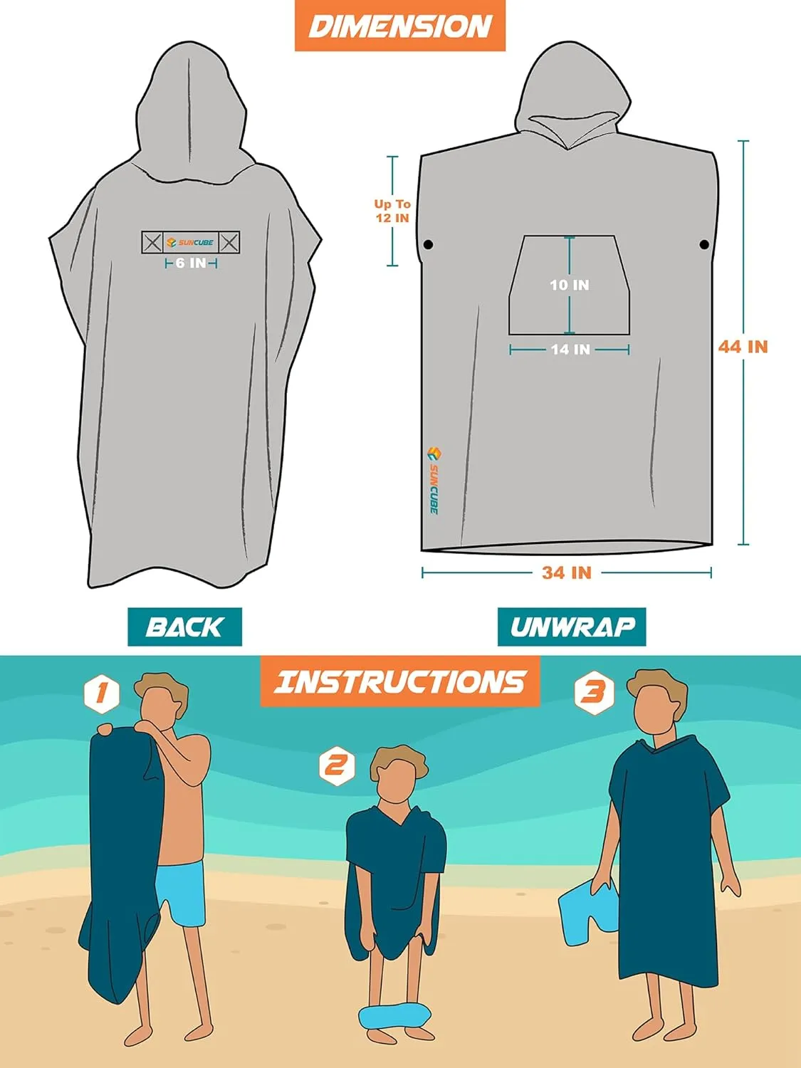 SUN CUBE Surf Poncho Changing Robe with Hood | Absorbent Quick Dry Microfiber Wetsuit Changing Towel with Pocket for Surfing Men Women