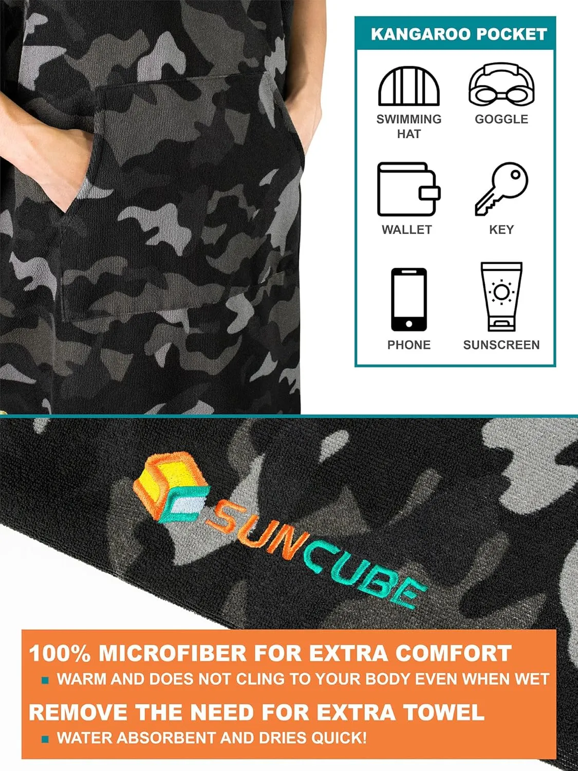 SUN CUBE Surf Poncho Changing Robe with Hood | Absorbent Quick Dry Microfiber Wetsuit Changing Towel with Pocket for Surfing Men Women