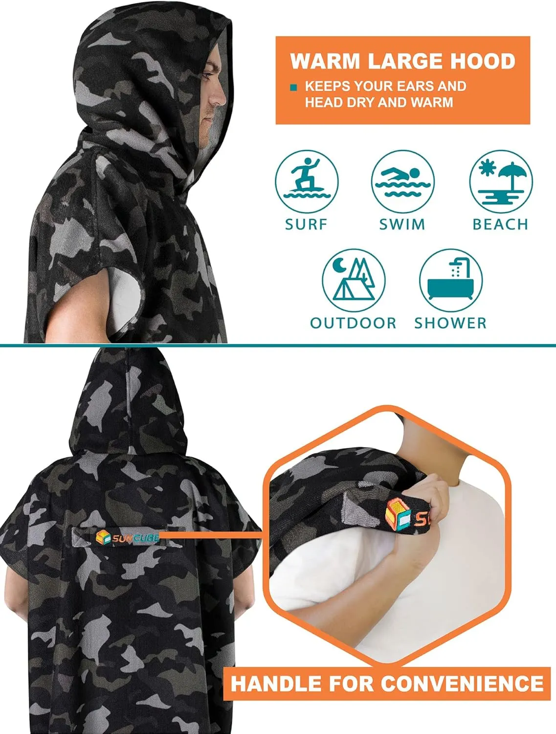 SUN CUBE Surf Poncho Changing Robe with Hood | Absorbent Quick Dry Microfiber Wetsuit Changing Towel with Pocket for Surfing Men Women