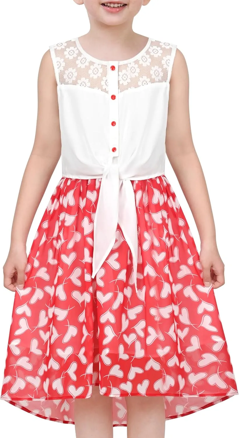 Sunny Fashion Girls Dress Chiffon Floral High-Low Tie Waist Party Princess