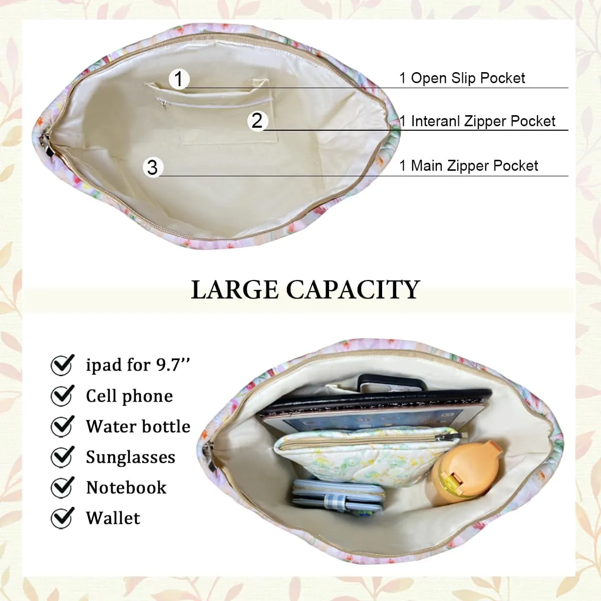 Sunwel Fashion Top Zipper Women Floral Quilted Tote Bag for Work Travel Gym Shopping Beach