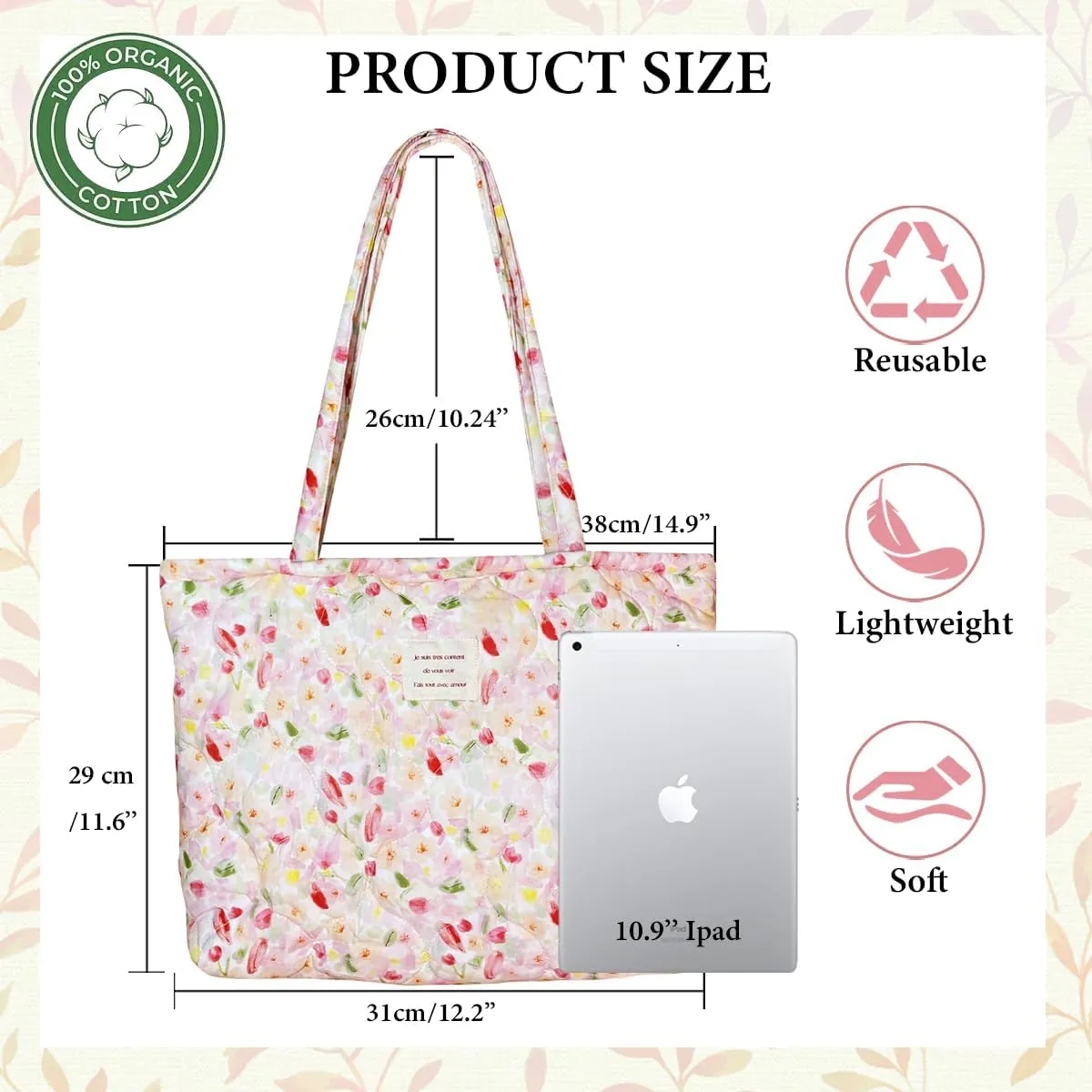 Sunwel Fashion Top Zipper Women Floral Quilted Tote Bag for Work Travel Gym Shopping Beach