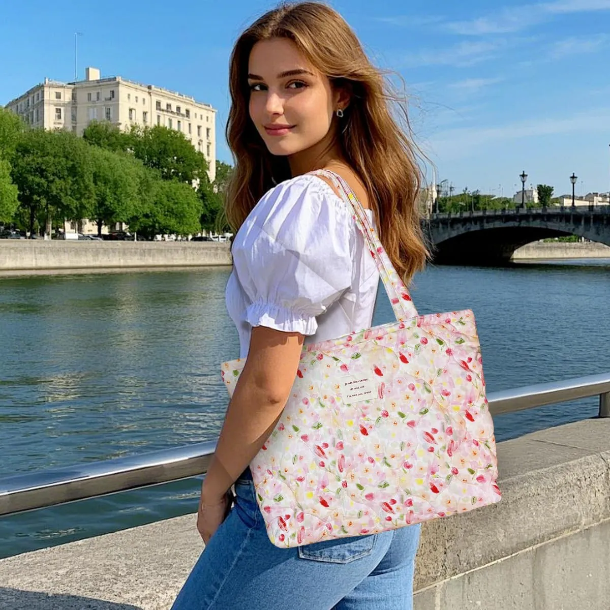 Sunwel Fashion Top Zipper Women Floral Quilted Tote Bag for Work Travel Gym Shopping Beach