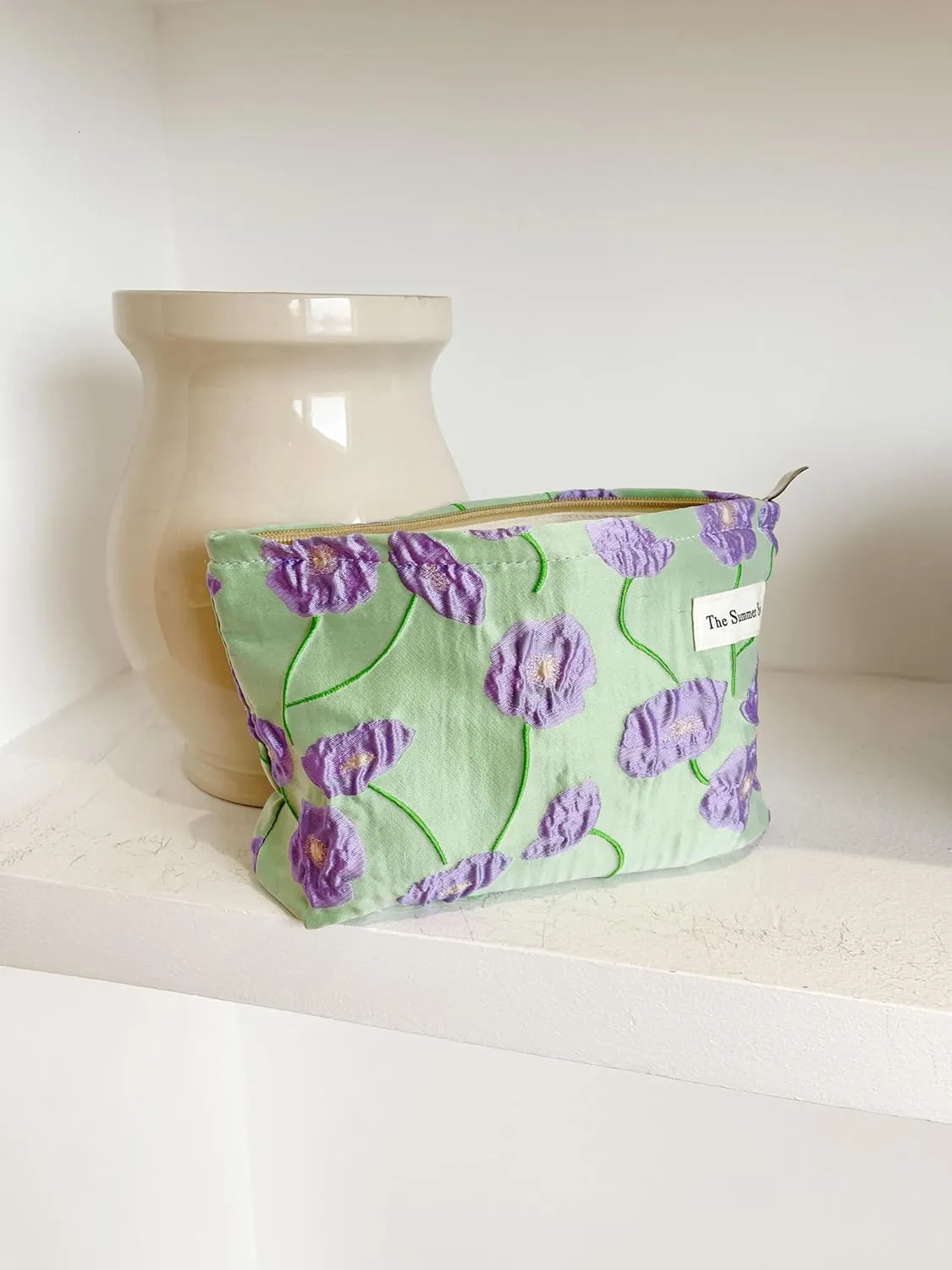 The Summer Swan | Large Aesthetic Makeup Bag | Floral Makeup Bag | Mid-day Clutch | Period Kit Bag | Hygiene Bag | Skincare Bag | Cute Makeup Bag (Color Block Floral Purple), CosmeticBag10575