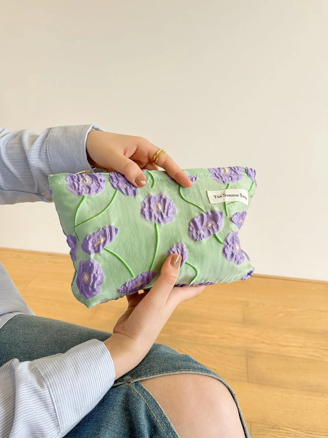 The Summer Swan | Large Aesthetic Makeup Bag | Floral Makeup Bag | Mid-day Clutch | Period Kit Bag | Hygiene Bag | Skincare Bag | Cute Makeup Bag (Color Block Floral Purple), CosmeticBag10575