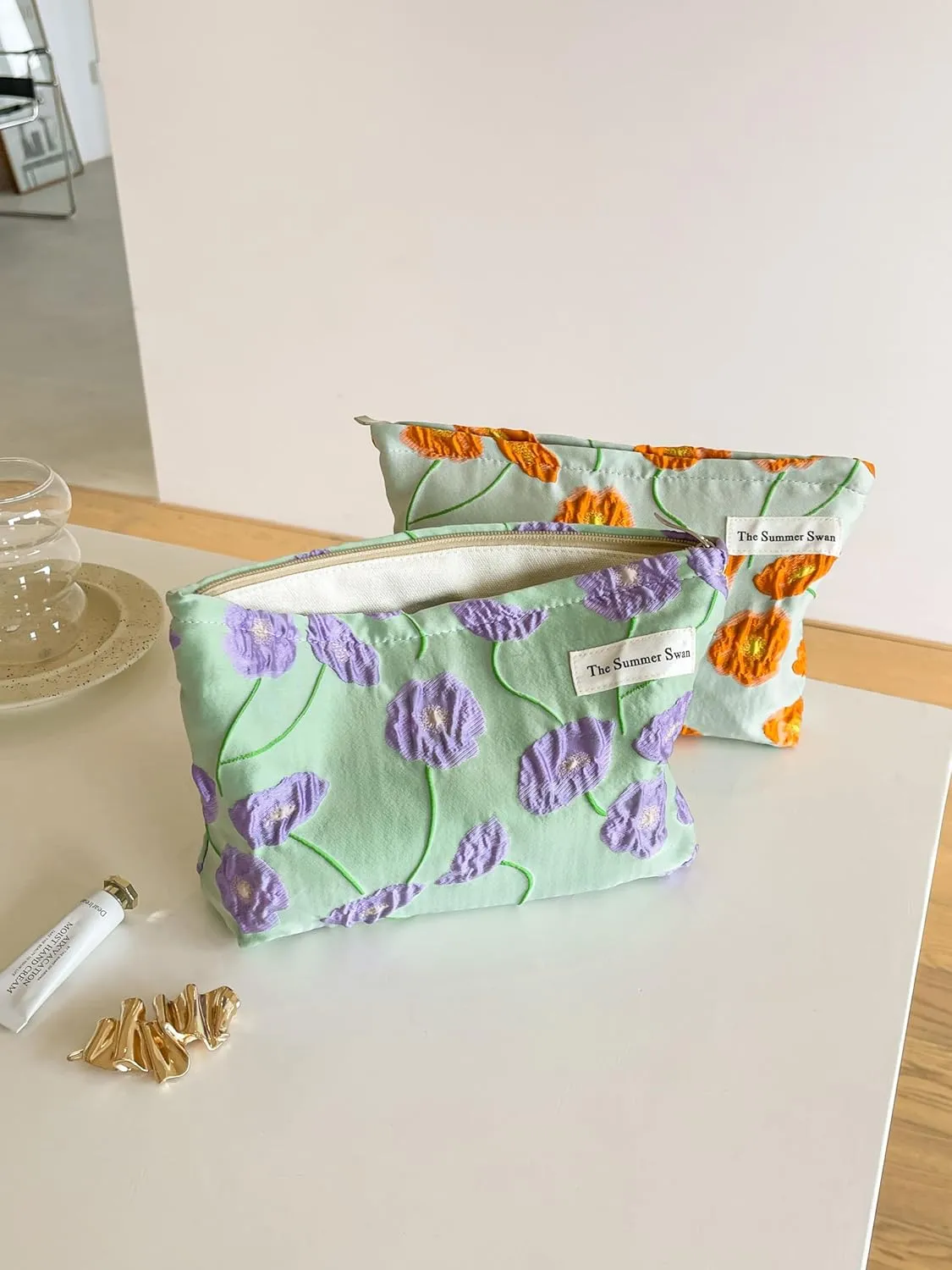 The Summer Swan | Large Aesthetic Makeup Bag | Floral Makeup Bag | Mid-day Clutch | Period Kit Bag | Hygiene Bag | Skincare Bag | Cute Makeup Bag (Color Block Floral Purple), CosmeticBag10575