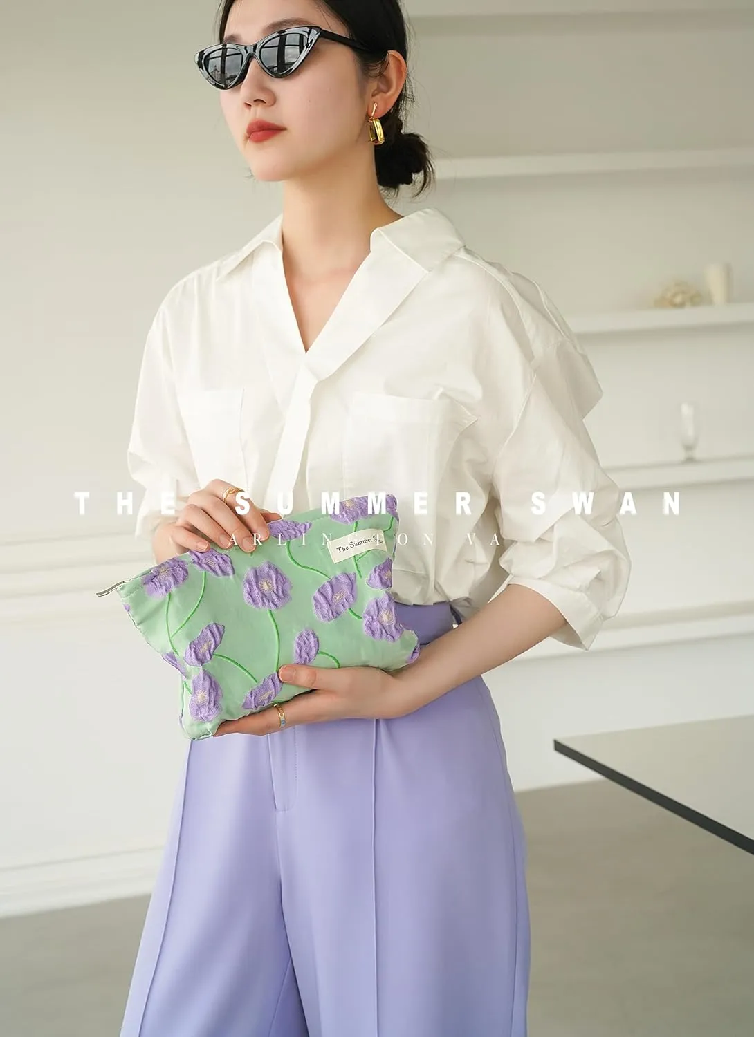 The Summer Swan | Large Aesthetic Makeup Bag | Floral Makeup Bag | Mid-day Clutch | Period Kit Bag | Hygiene Bag | Skincare Bag | Cute Makeup Bag (Color Block Floral Purple), CosmeticBag10575