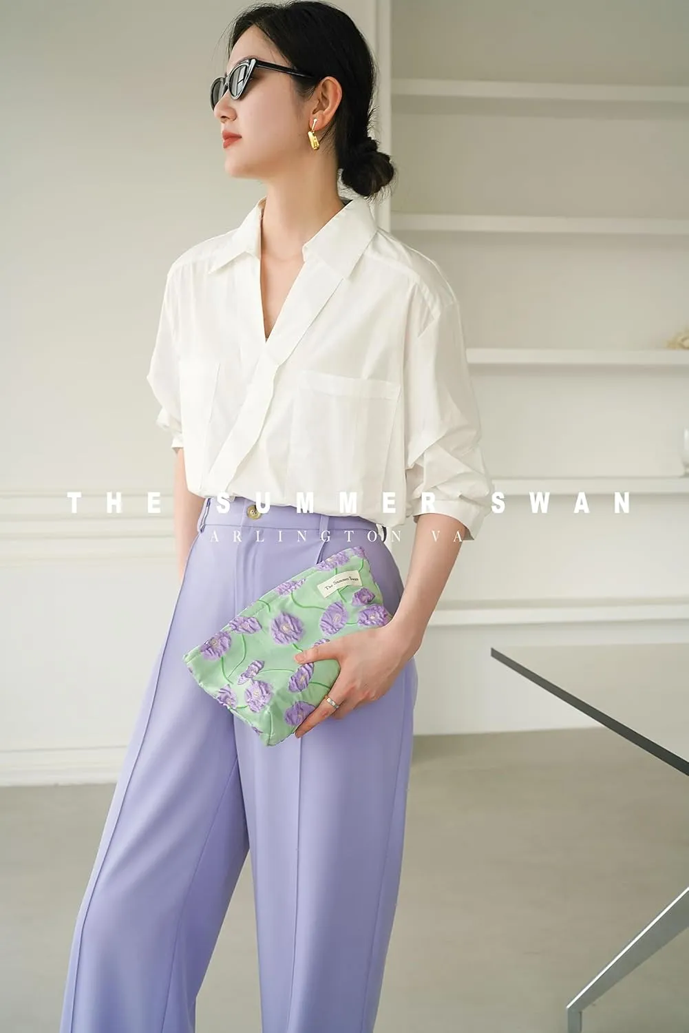 The Summer Swan | Large Aesthetic Makeup Bag | Floral Makeup Bag | Mid-day Clutch | Period Kit Bag | Hygiene Bag | Skincare Bag | Cute Makeup Bag (Color Block Floral Purple), CosmeticBag10575