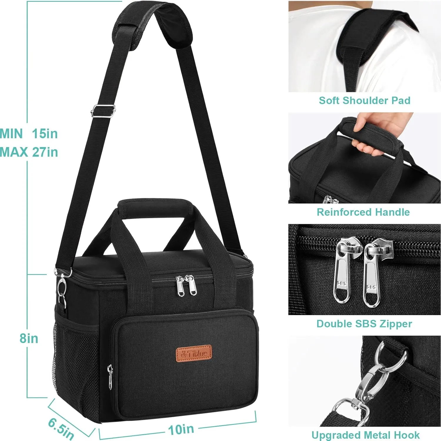 Tiblue Insulated Reusable Lunch Box for Office Work School Picnic Beach, Leakproof Freezable Cooler Bag with Adjustable Shoulder Strap (Medium, Midnight Black)