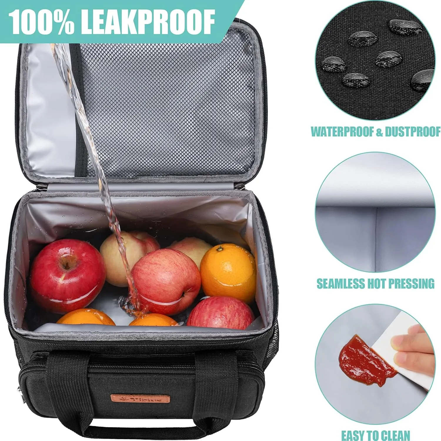Tiblue Insulated Reusable Lunch Box for Office Work School Picnic Beach, Leakproof Freezable Cooler Bag with Adjustable Shoulder Strap (Medium, Midnight Black)