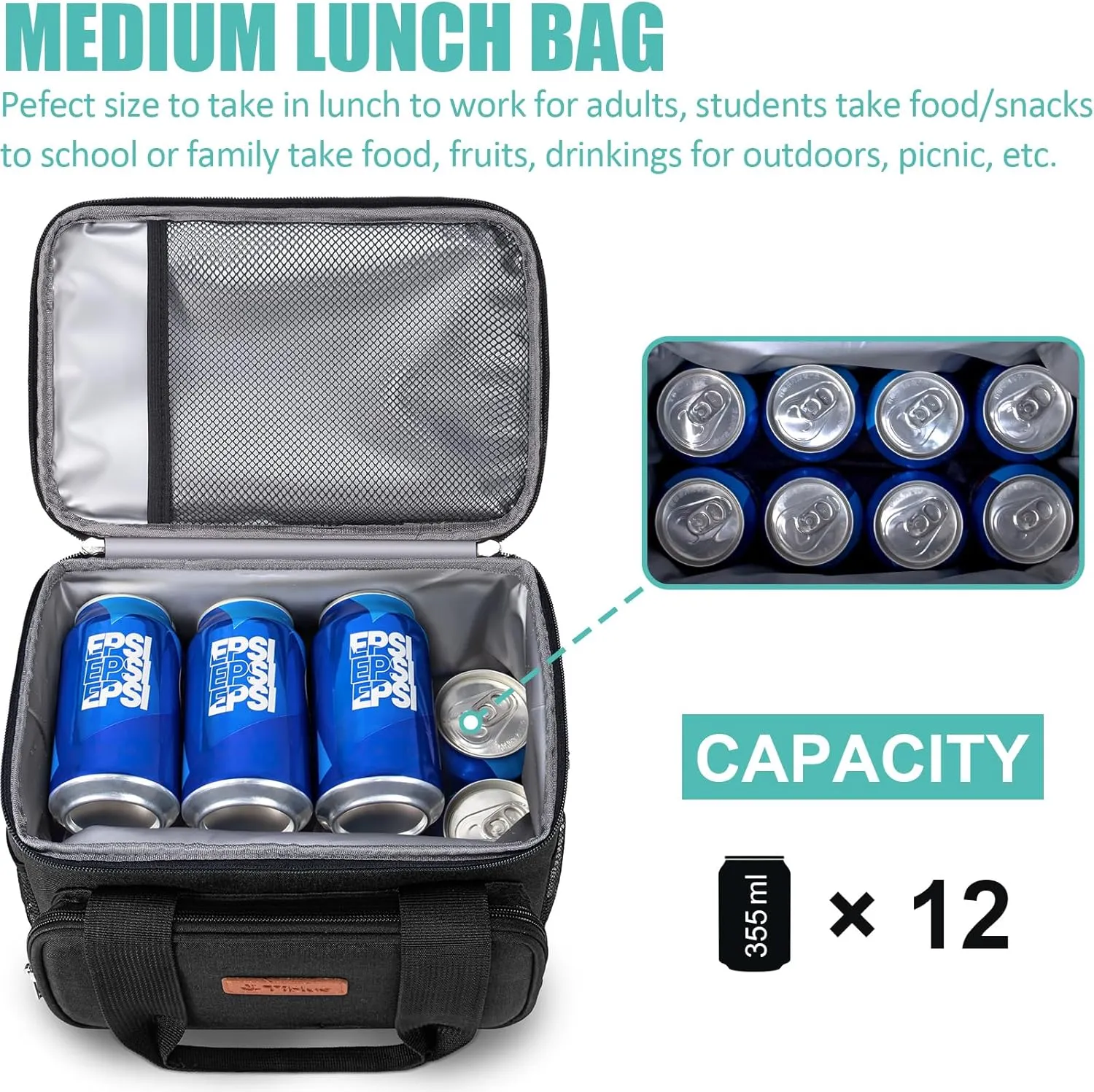 Tiblue Insulated Reusable Lunch Box for Office Work School Picnic Beach, Leakproof Freezable Cooler Bag with Adjustable Shoulder Strap (Medium, Midnight Black)