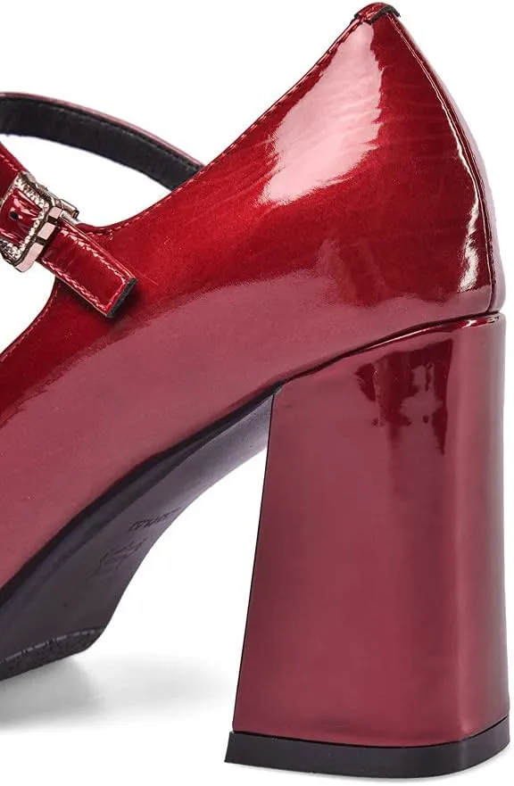 TinaCus Women's Patent Leather Rouns Toe Handmade Buckle Belt High Chunky Heel Trendy Pumps Shoes