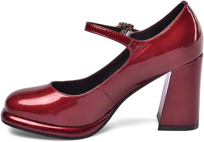 TinaCus Women's Patent Leather Rouns Toe Handmade Buckle Belt High Chunky Heel Trendy Pumps Shoes