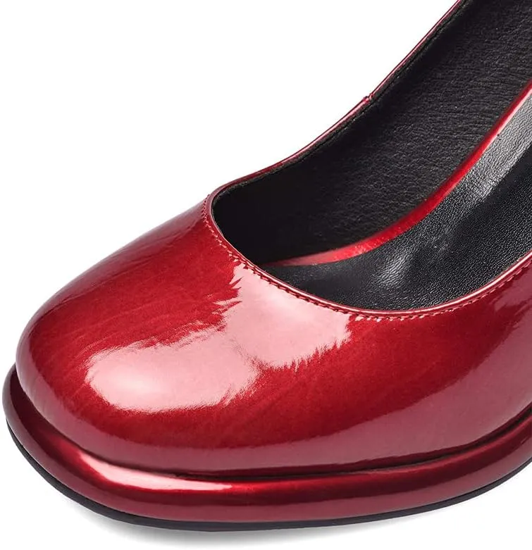 TinaCus Women's Patent Leather Rouns Toe Handmade Buckle Belt High Chunky Heel Trendy Pumps Shoes