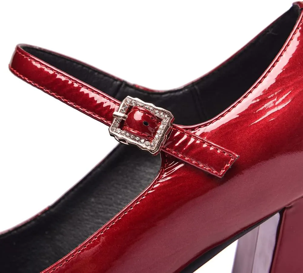 TinaCus Women's Patent Leather Rouns Toe Handmade Buckle Belt High Chunky Heel Trendy Pumps Shoes