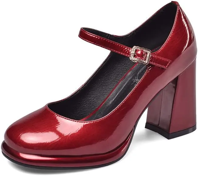 TinaCus Women's Patent Leather Rouns Toe Handmade Buckle Belt High Chunky Heel Trendy Pumps Shoes