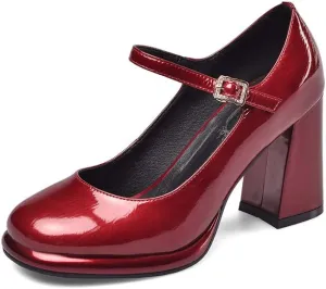 TinaCus Women's Patent Leather Rouns Toe Handmade Buckle Belt High Chunky Heel Trendy Pumps Shoes