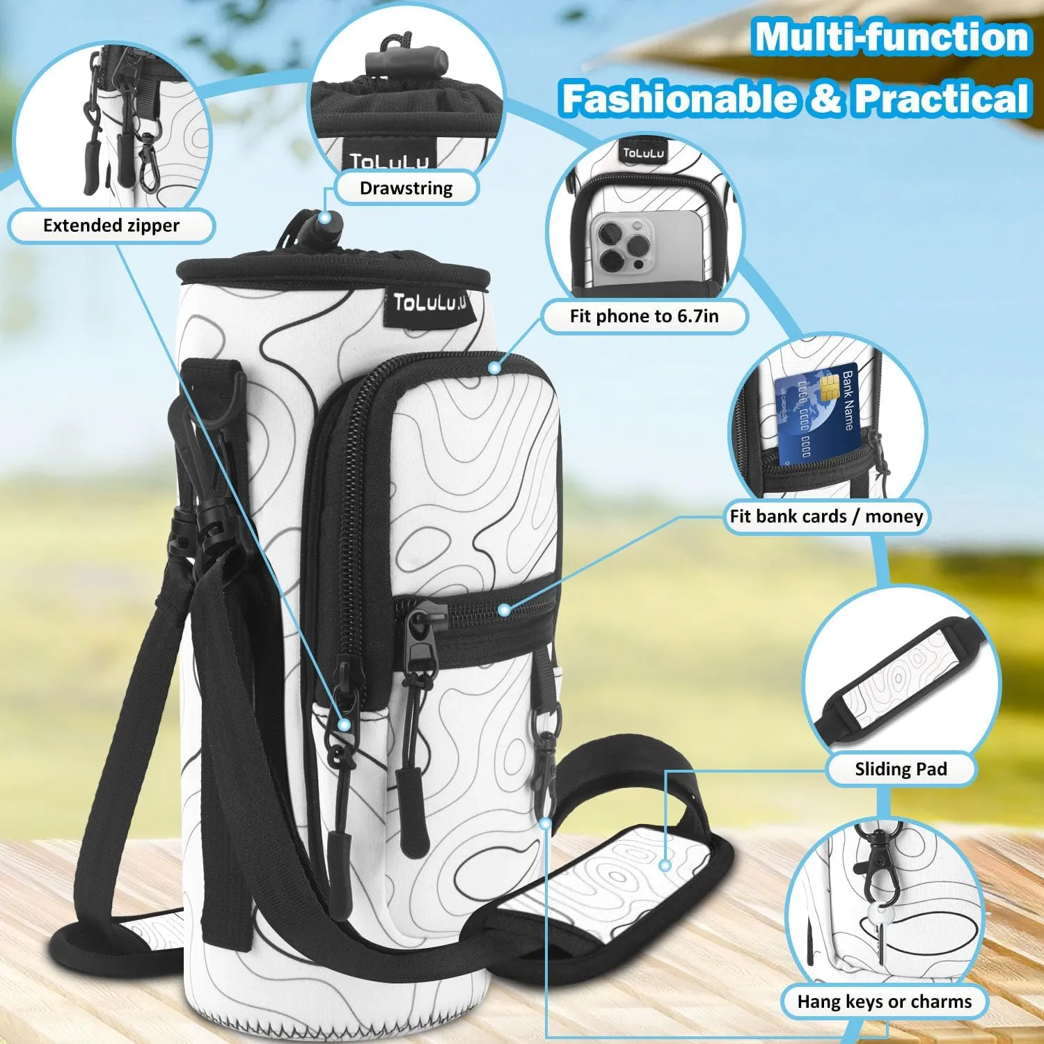 ToLuLu 25/32/40oz Water Bottle Carrier Bag Pocket,Insulated Neoprene Adjustable Shoulder Strap Water Bottle Pouch Case, Crossbody Water Bottle Holder Sling Sleeve for Men Women Adults