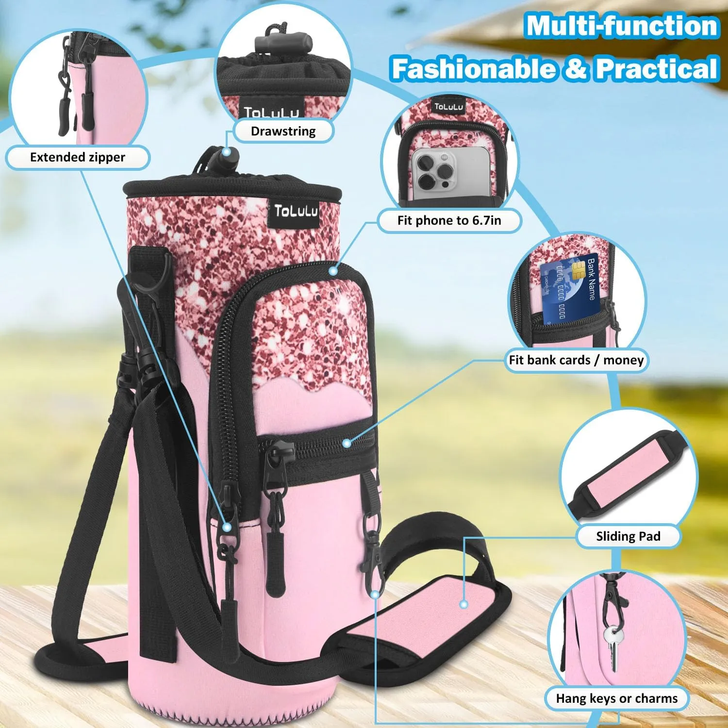 ToLuLu 25/32/40oz Water Bottle Carrier Bag Pocket,Insulated Neoprene Adjustable Shoulder Strap Water Bottle Pouch Case, Crossbody Water Bottle Holder Sling Sleeve for Men Women Adults
