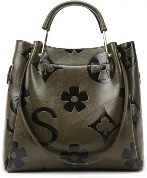 Top Handle Bucket Bag Floral Embossed Handbag Set Vintage Crossbody Bag Vegan Leather Shoulder Tote Bag with Zipper