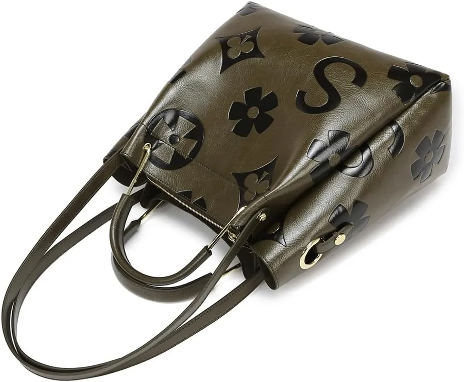 Top Handle Bucket Bag Floral Embossed Handbag Set Vintage Crossbody Bag Vegan Leather Shoulder Tote Bag with Zipper