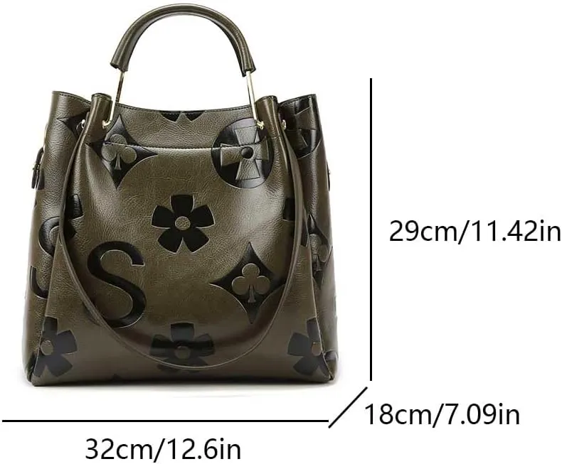 Top Handle Bucket Bag Floral Embossed Handbag Set Vintage Crossbody Bag Vegan Leather Shoulder Tote Bag with Zipper