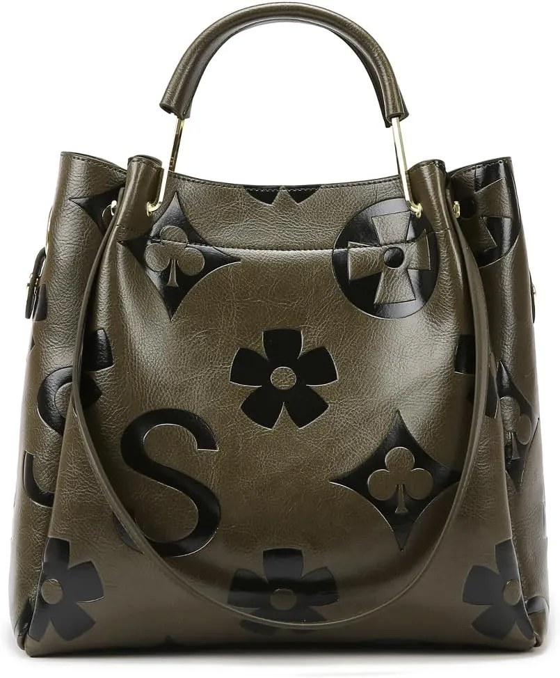 Top Handle Bucket Bag Floral Embossed Handbag Set Vintage Crossbody Bag Vegan Leather Shoulder Tote Bag with Zipper