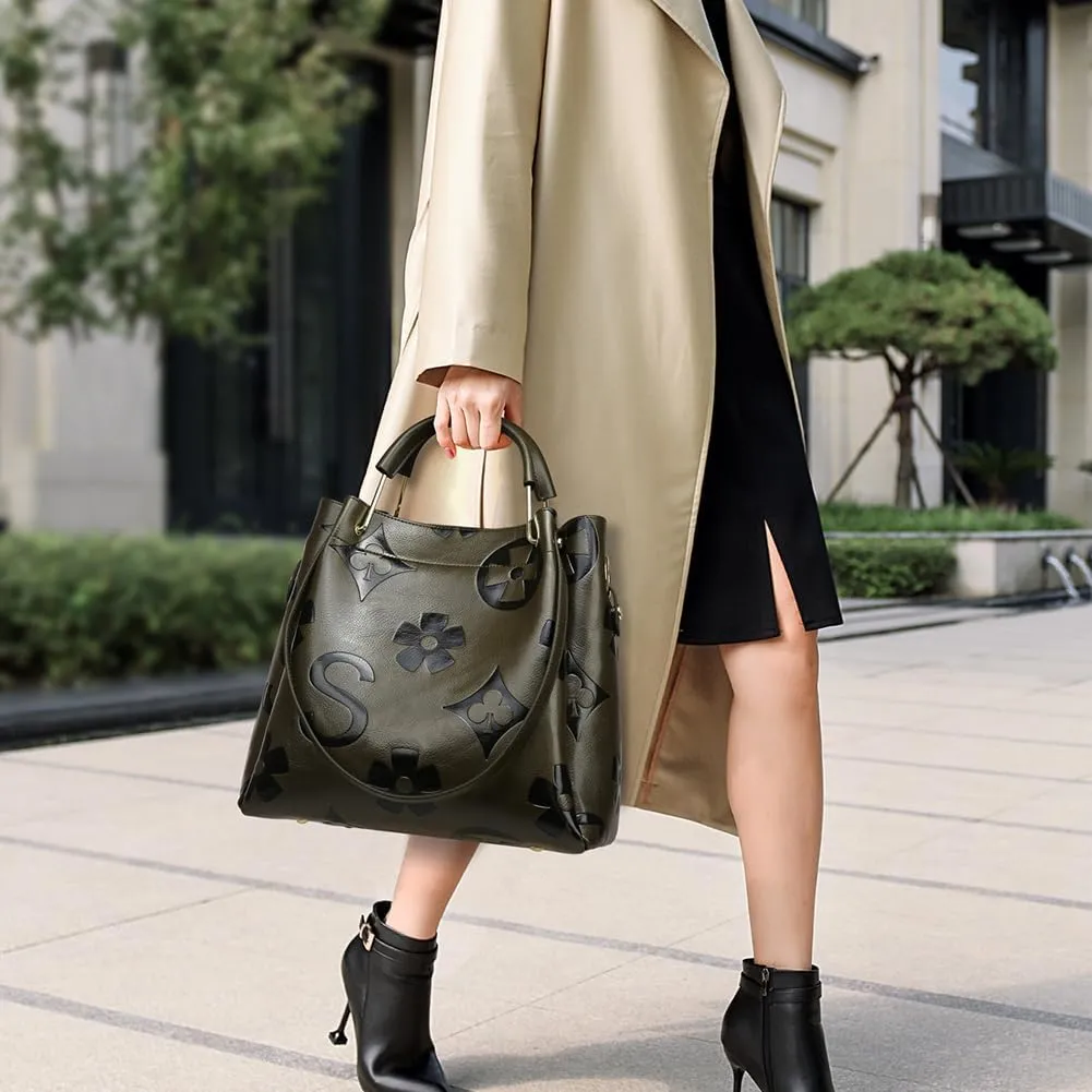 Top Handle Bucket Bag Floral Embossed Handbag Set Vintage Crossbody Bag Vegan Leather Shoulder Tote Bag with Zipper
