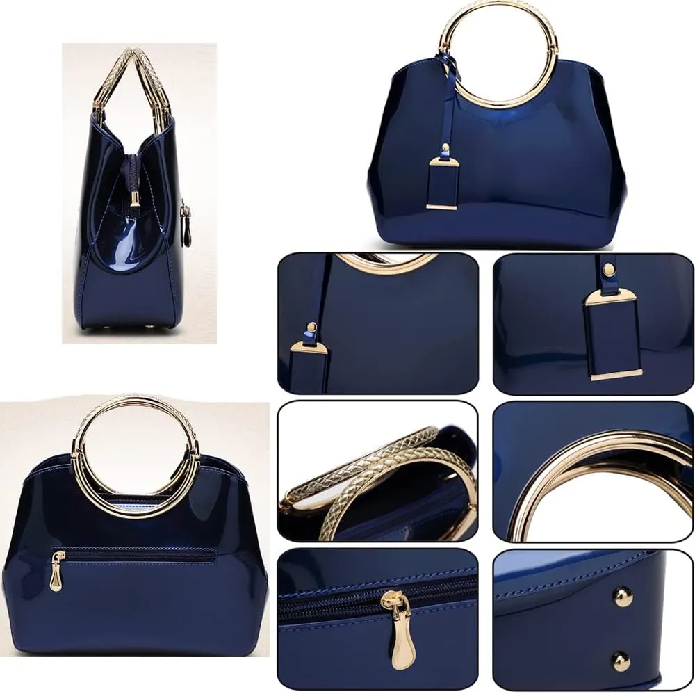 Top Handle Handbags Women Shiny Patent Leather Tote Bags Fashion Satchel Zipper Purse Shoulder Bag Evening Handbag