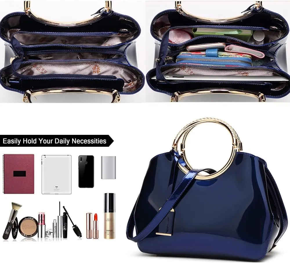 Top Handle Handbags Women Shiny Patent Leather Tote Bags Fashion Satchel Zipper Purse Shoulder Bag Evening Handbag