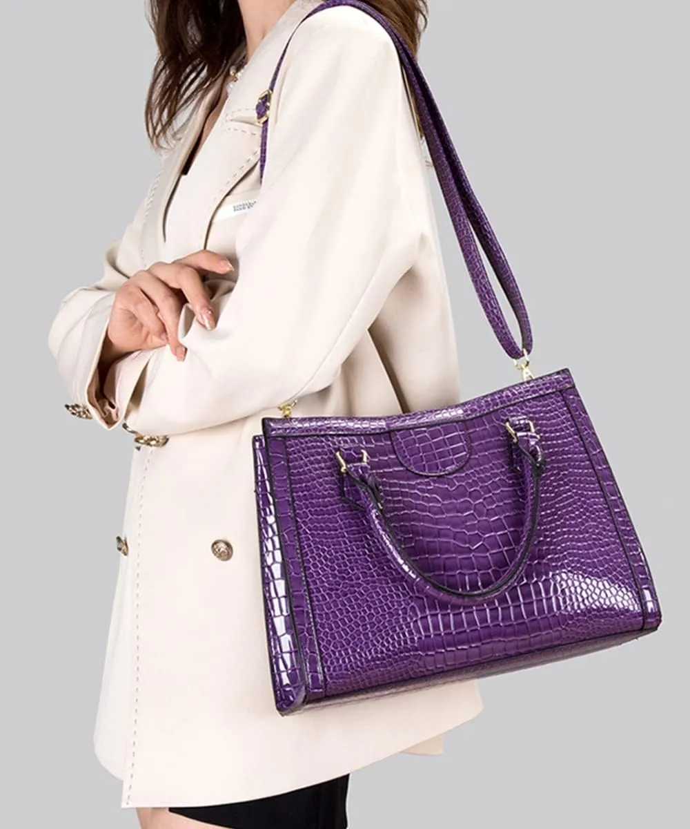Top-handle Satchel Tote Purse for Women Gloss Patent PU Crocodile Pattern Shoulder Bag Handbag