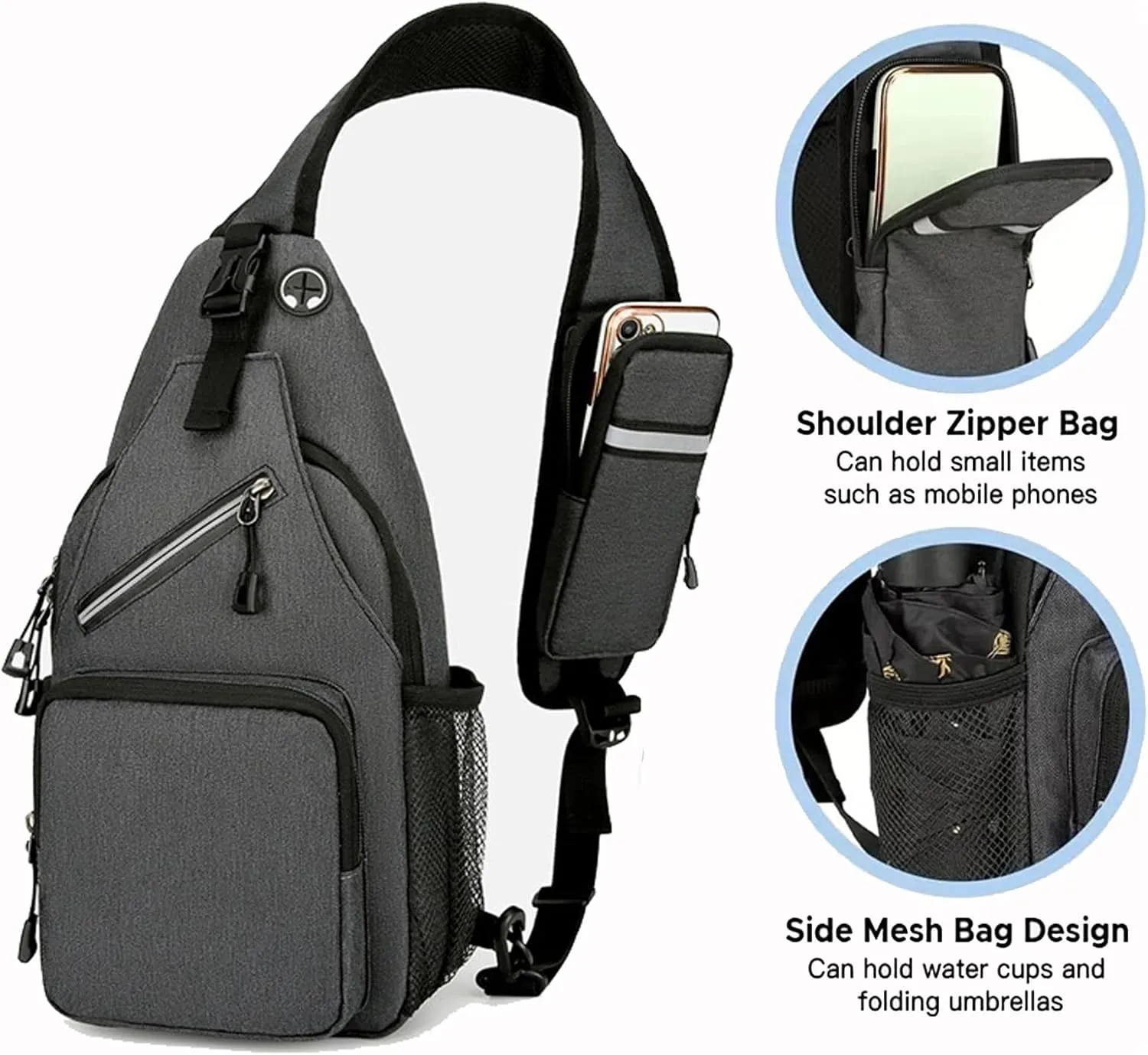 Travel Sling Bag for Men, Crossbody Sling Backpack Waterproof Large Shoulder Sling bag with Earphone Hole, Men's Crossbody Bag Lightweight Chest Bag for Hiking, Running (Deep Grey)